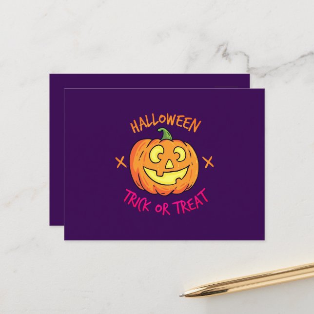 Halloween-Kürbis-Süßes-oder-Saures-Etikett Postkarte (Vorderseite/Rückseite Beispiel)