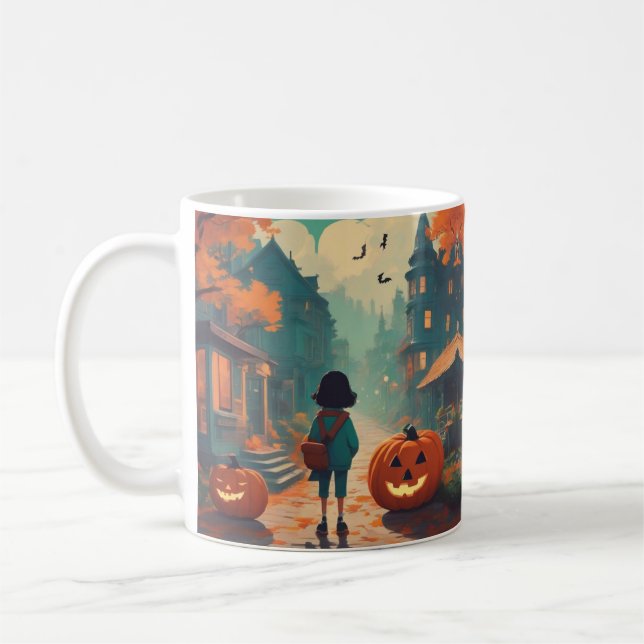 Halloween-Kürbis und ein verlorenes Mädchen Kaffeetasse (Links)