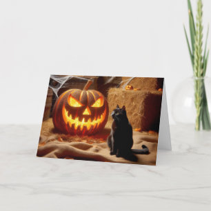 Halloween-Kürbis und Katze in der Scheune Feiertagskarte