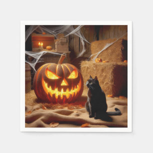 Halloween-Kürbis und Katze in der Scheune Serviette