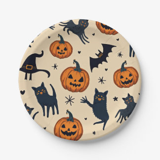 Halloween-Kürbis-und-Katze-Muster-Papierteller Pappteller