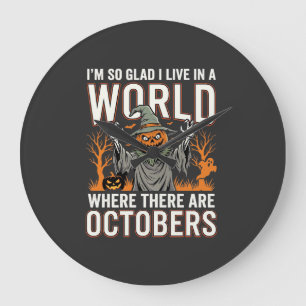 Halloween-Kürbis-Vogelscheuche-Oktober-Welt-Vintag Große Wanduhr