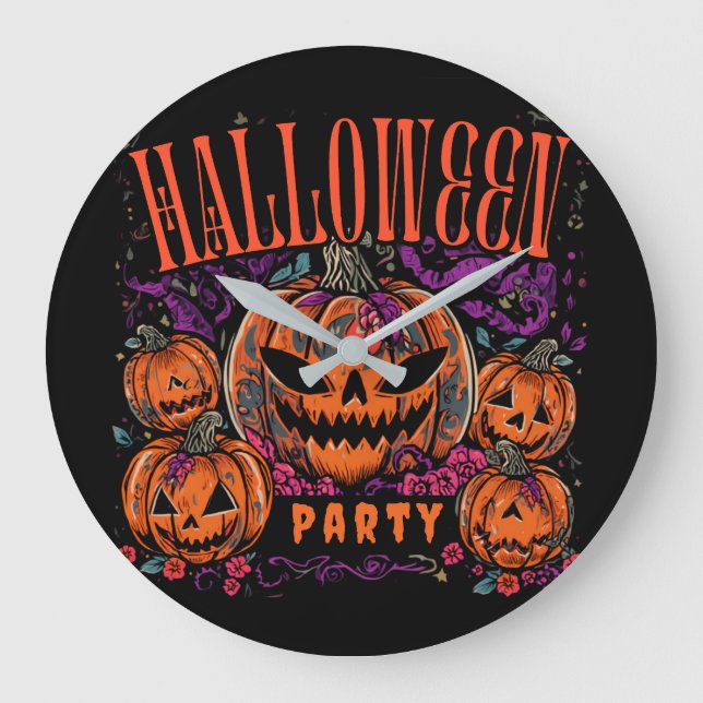 Halloween, Kürbiscoven blüht, Gothic Große Wanduhr (Vorderseite)
