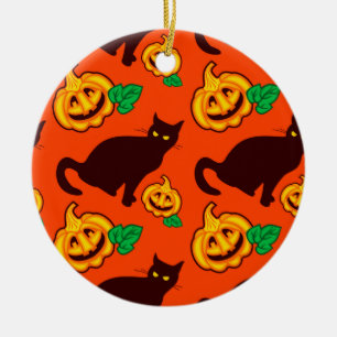 Halloween-Kürbise und schwarze Katze Keramikornament