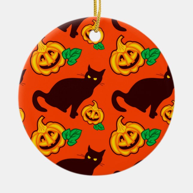 Halloween-Kürbise und schwarze Katze Keramikornament (Vorne)