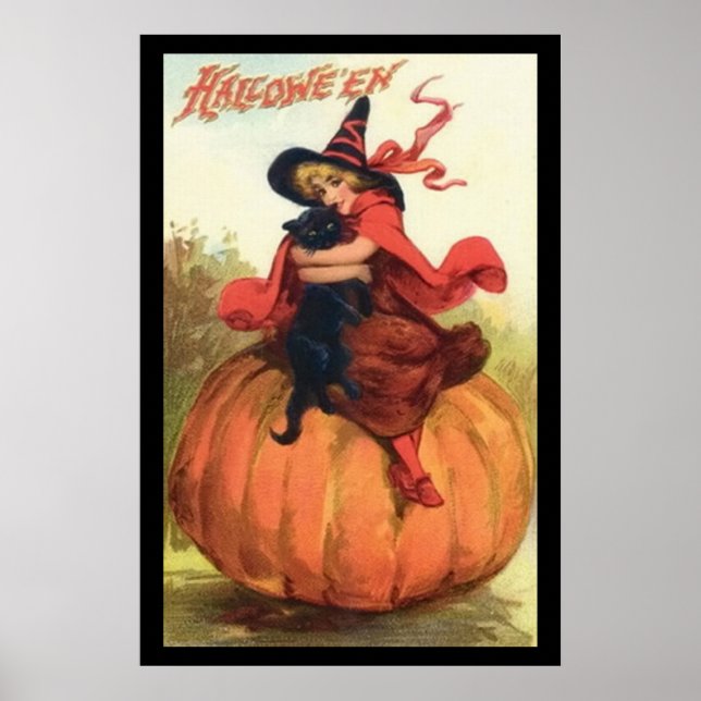 Halloween Kürbishexe Rot auf einem Kürbis Poster (Vorne)