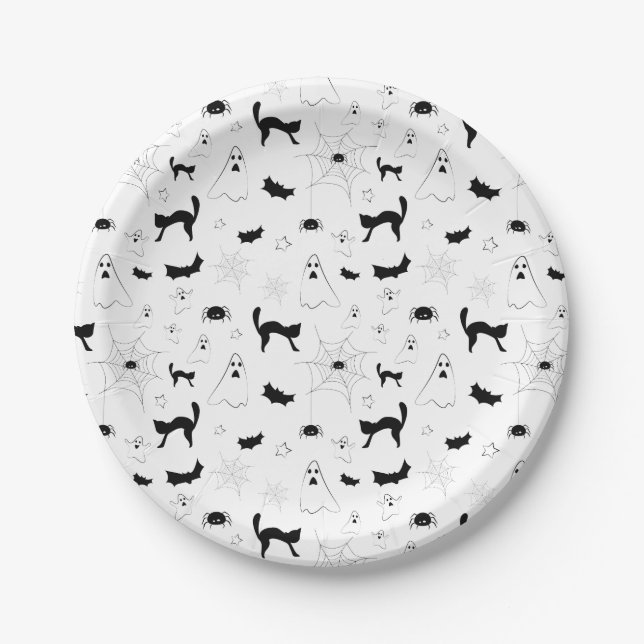 Halloween Kürbiskatzenkatzenfledermaus Orangenschw Pappteller (Vorderseite)