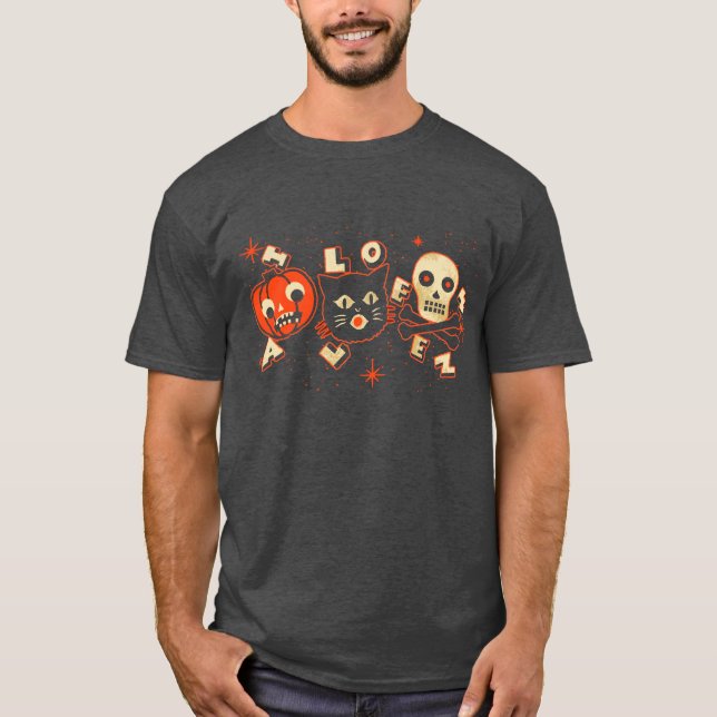 Halloween-Kürbiskatzenschädel Vintag T-Shirt (Vorderseite)