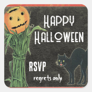 HALLOWEEN-KÜRBISKOPF Maisstängel und schwarze Katz Quadratischer Aufkleber