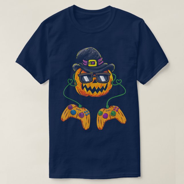 Halloween Kürbislaterne Gamer Pumpkin mit Hat Sw T-Shirt (Design vorne)