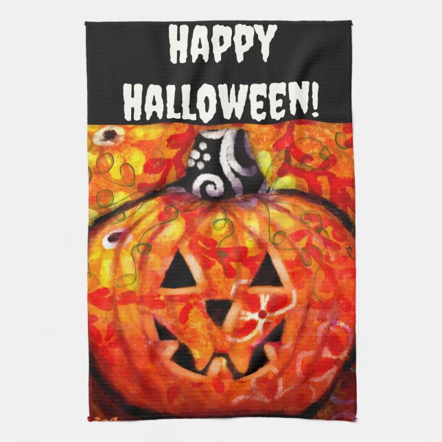 Halloween Kürbislaterne Orange Personalisiert Geschirrtuch (Vertikal)