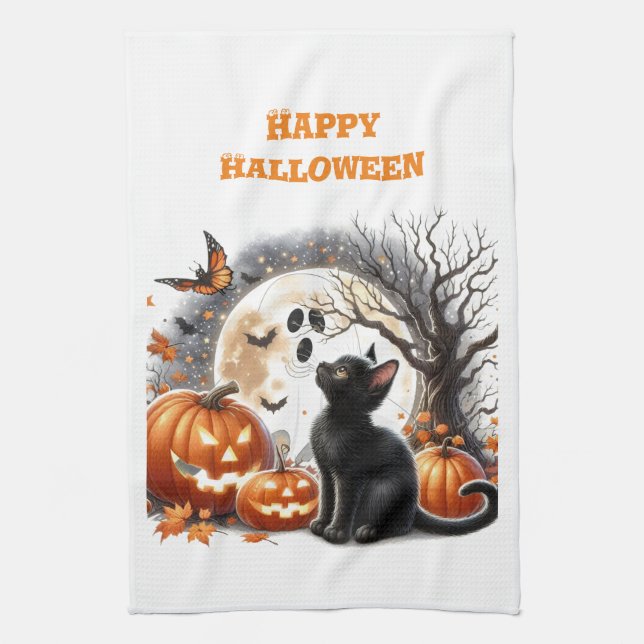Halloween Kürbislaterne Pumpkin Cat White Geschirrtuch (Vertikal)