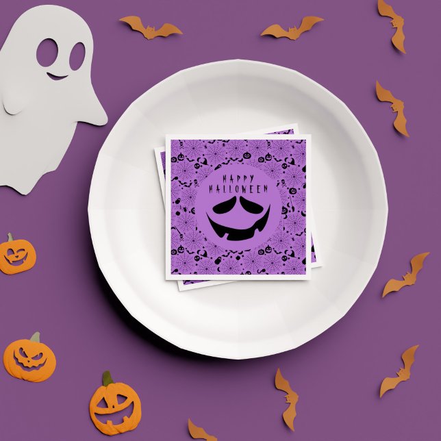 Halloween Kürbislaterne Pumpkin Face Serviette (Spooky Black Purple Happy Halloween Birthday Party Napkins)