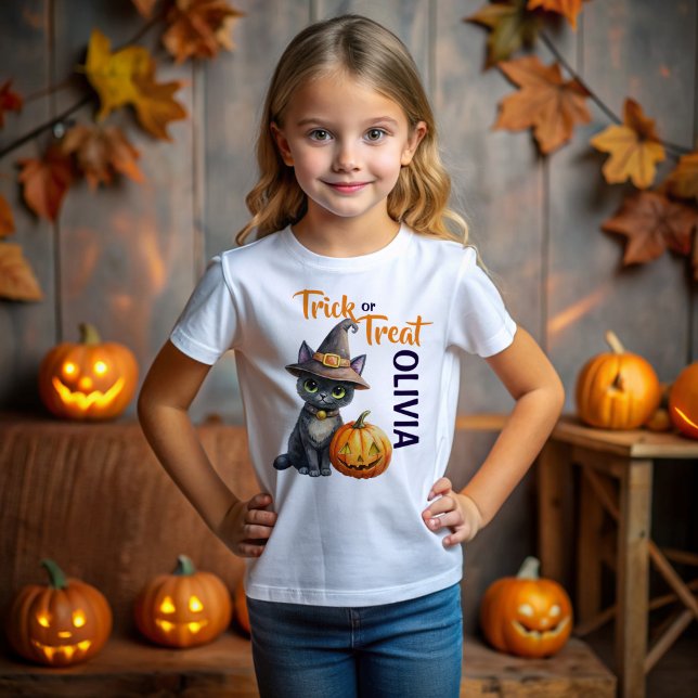 Halloween-Kürbislaterne T-Shirt (Halloween cute black cat jack o lantern trick or treat personalized name T-Shirt gifts for kids)