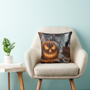 Halloween-Kürbislaterne und schwarze Katze Kissen