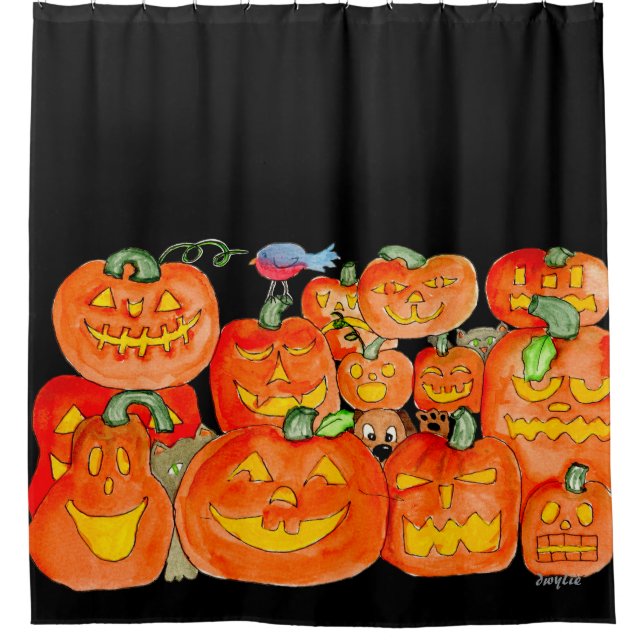 Halloween-Kürbislaternen mit Tieren Duschvorhang (Vorderseite)