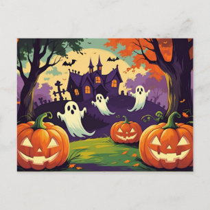 Halloween-Kürbisse, Geist und Spukhaus Feiertagspostkarte