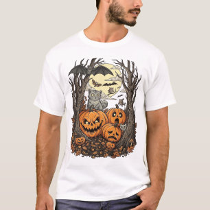 Halloween-Kürbisse Graue Katze Fledermaus Vollmond T-Shirt