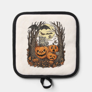 Halloween-Kürbisse Graue Katze Fledermaus Vollmond Topflappen
