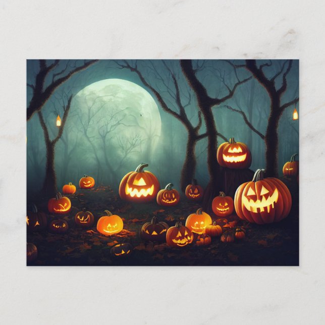 Halloween Kürbisse in einem Wald bei Vollmond. Postkarte (Vorderseite)