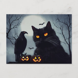 Halloween Kürbisse Katze und Rabe bei Vollmond. Postkarte