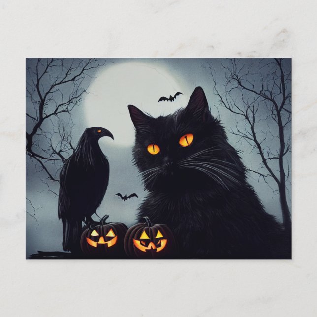 Halloween Kürbisse Katze und Rabe bei Vollmond. Postkarte (Vorderseite)