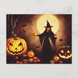 Halloween. Kürbisse und Hexe bei Vollmond. Postkarte