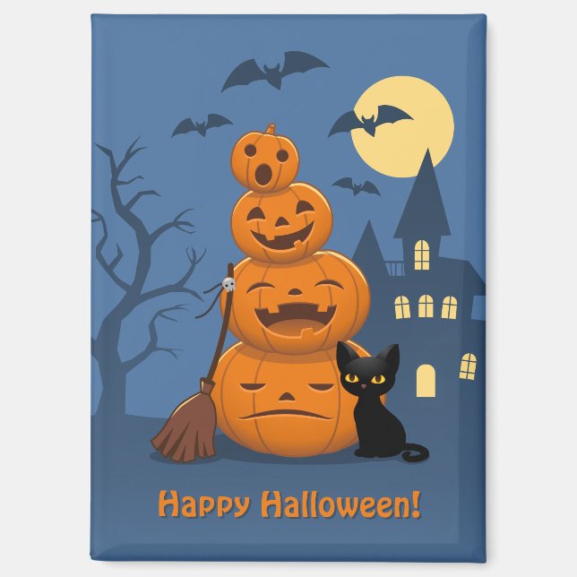 Halloween-Kürbisse und schwarze Katze Magnet (Vorderseite)