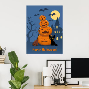 Halloween-Kürbisse und schwarze Katze Poster