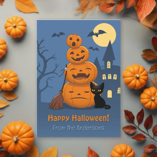 Halloween-Kürbisse und schwarze Katze von Familie Feiertagskarte