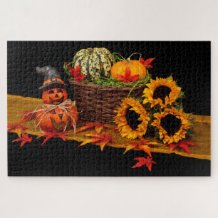 Halloween-Kürbisse und Sonnenblumen Puzzle