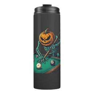 Halloween-Kürbisskelett spielt Pool-Billard Thermosbecher