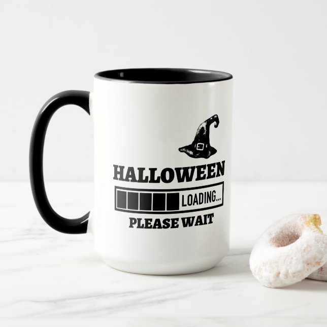 Halloween Laden bitte Text schwarz und weiß warten Tasse (Mit Donut)