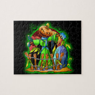 Halloween Lady Scarecrow Pumpkin Head RIP Bat Puzzle