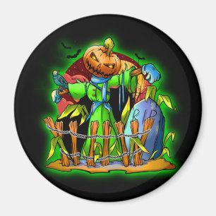 Halloween Lady Scarecrow Pumpkin Head RIP Bats Magnet