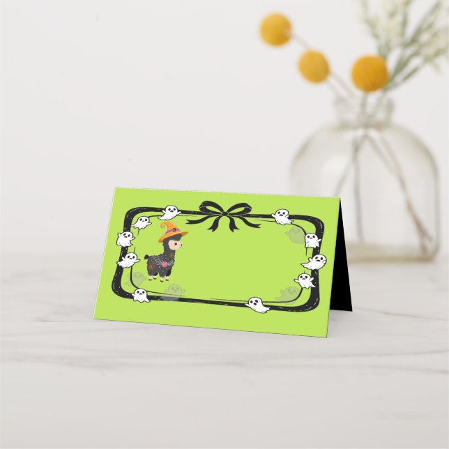 Halloween-Lama mit Hexenhut Platzkarte (Vorderseite)