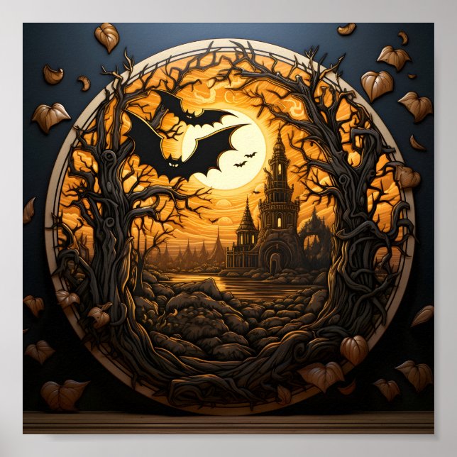 Halloween Landschaft im Wald mit schwarzen Flederm Poster (Vorne)