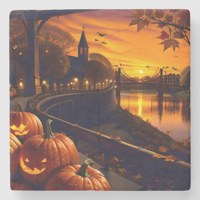 Halloween Landschaft Zwei Steinuntersetzer (Vorderseite)
