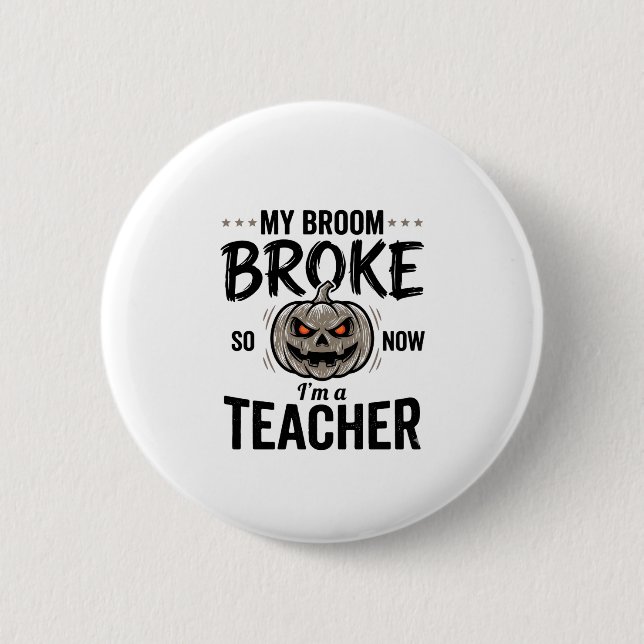 Halloween Lehrer Besen Brach Vintage-Kürbis-Design Button (Vorderseite)