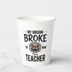 Halloween-Lehrer-Besen-Bruch-Vintage-Kürbis-Design Pappbecher
