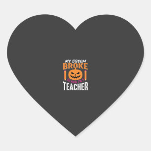 Halloween-Lehrer-Besen-Zerbrochener-Kürbis-Design Herz-Aufkleber