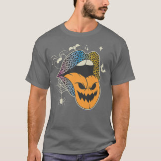 Halloween Leopard Rainbow Lips Women Pumpkin Tongu T-Shirt
