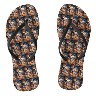 Halloween Lhasa Apso mit Pumpkins Beängstigend Flip Flops