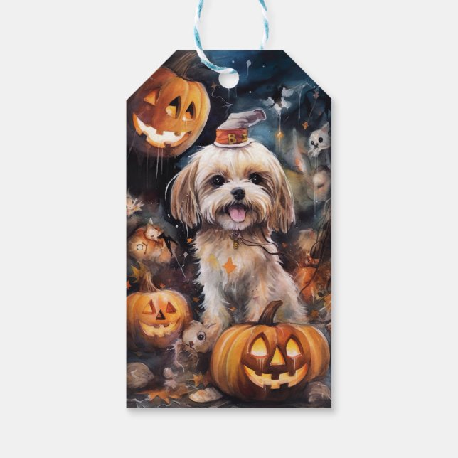 Halloween Lhasa Apso mit Pumpkins Beängstigend Geschenkanhänger (Rückseite)