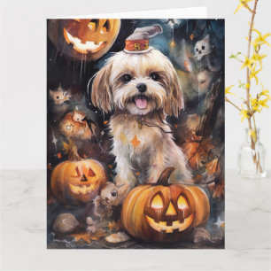 Halloween Lhasa Apso mit Pumpkins Beängstigend Karte