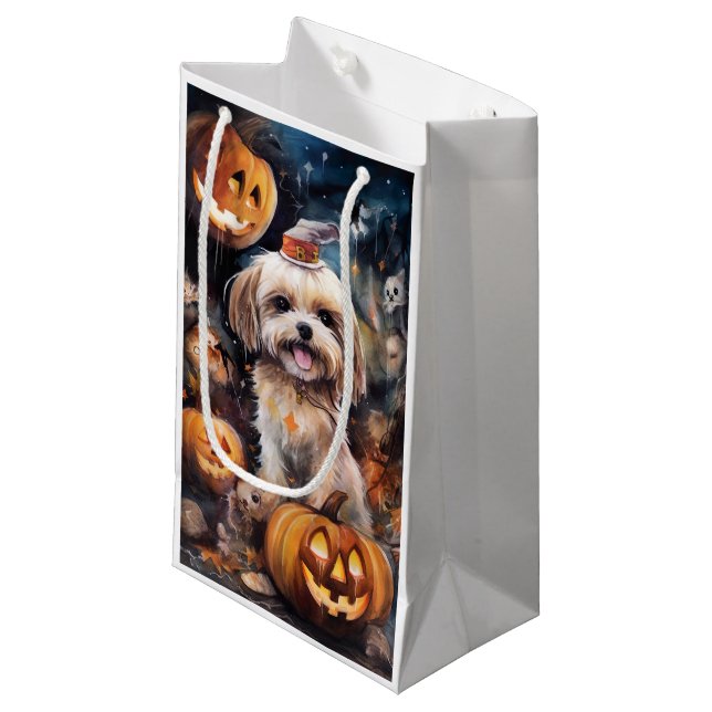Halloween Lhasa Apso mit Pumpkins Beängstigend Kleine Geschenktüte (Vorderseite Schrägansicht)