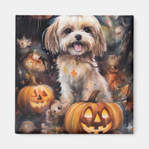 Halloween Lhasa Apso mit Pumpkins Beängstigend Magnet