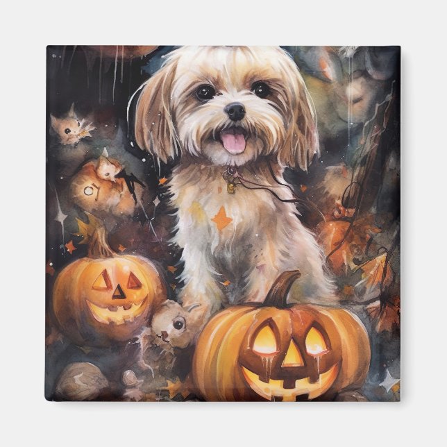 Halloween Lhasa Apso mit Pumpkins Beängstigend Magnet (Vorne)