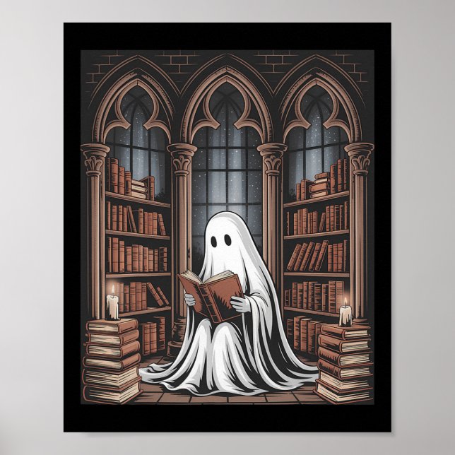 Halloween Librarian Ghost Reading Books Lovers Lib Poster (Vorne)