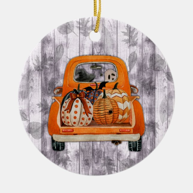 Halloween-Lieferwagen-LKW mit Kürbis Keramik Ornament (Vorne)